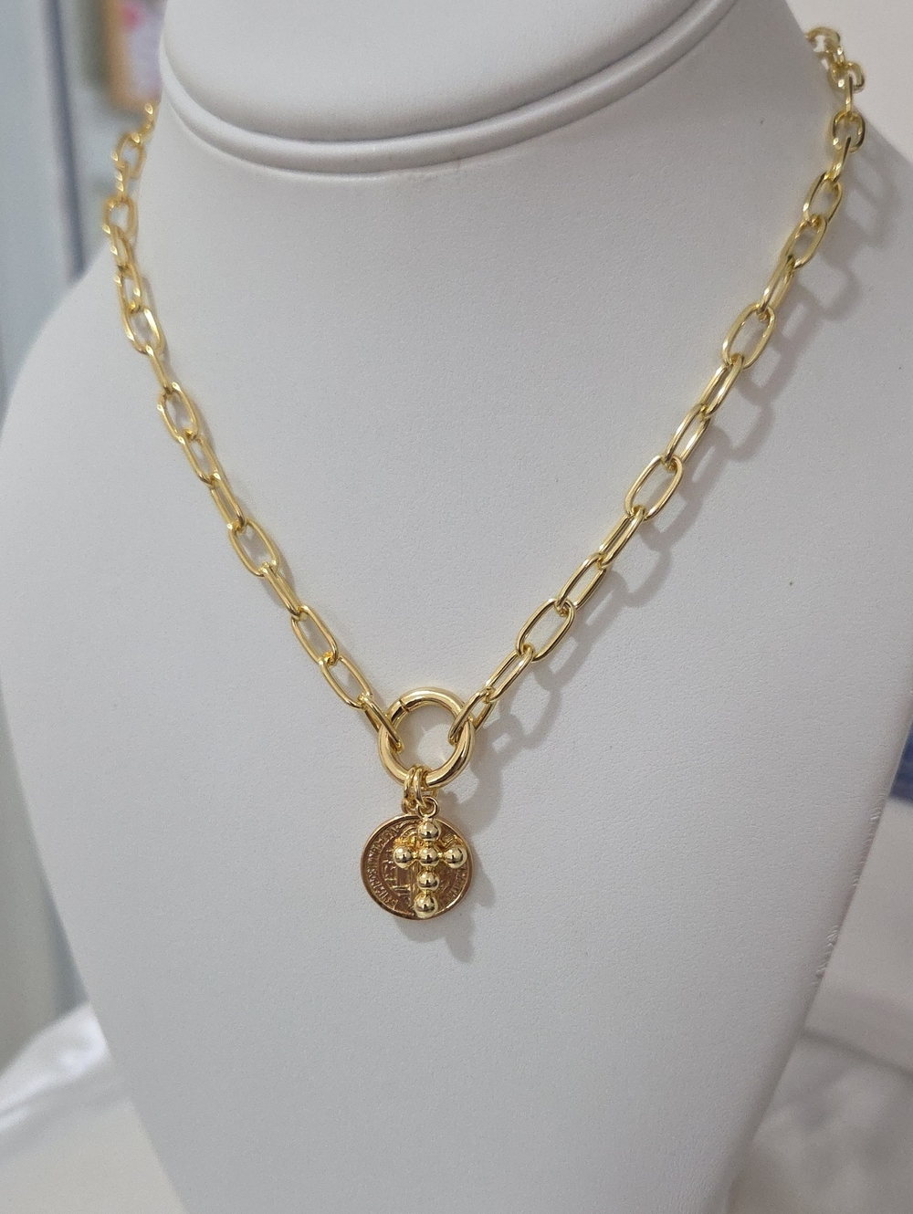 Stainless Steel Gold Link Chain Necklace with Cross and San Benito Charm